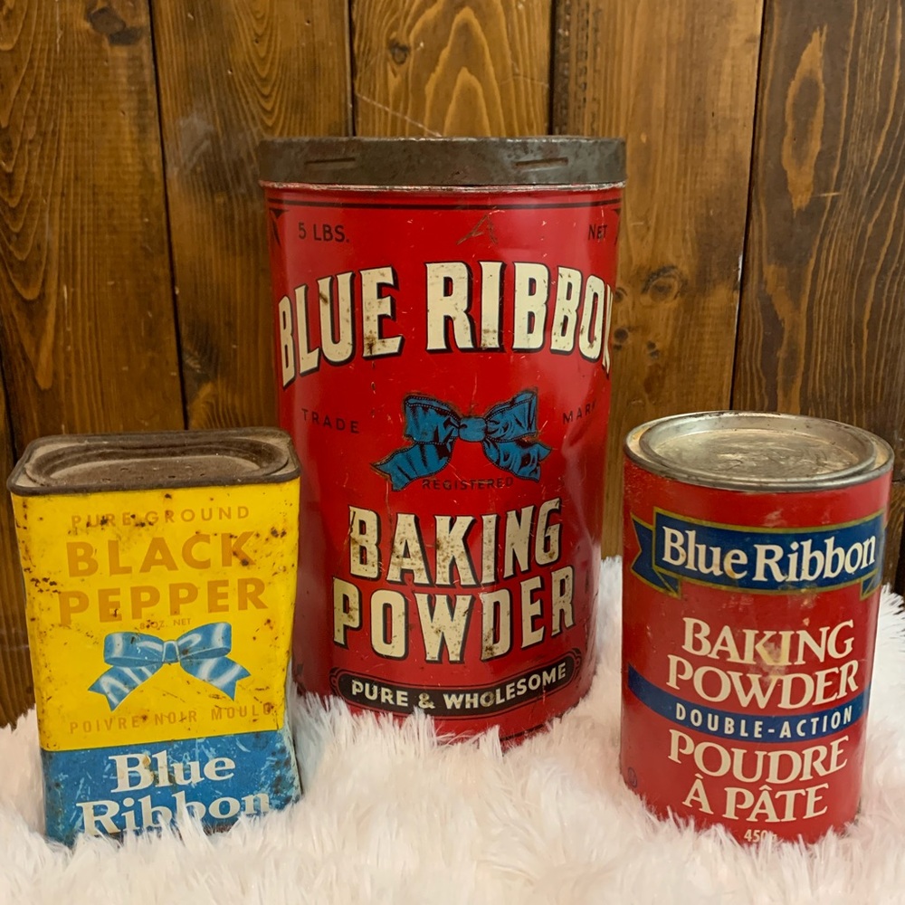 Blue Ribbon Baking Powder and Black Pepper Tins-Vintage Kitchen.